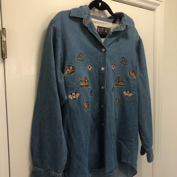 VINTAGE Jean Button-Up shirt w/ embroidery - Picture 5 of 16